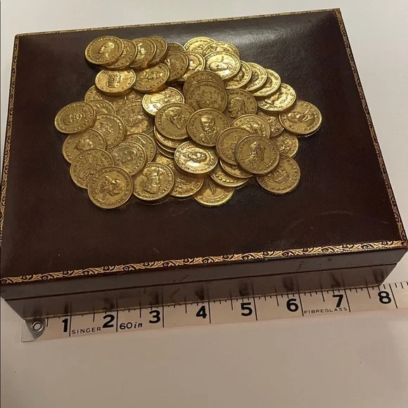 VTG Leather/Wood Gold Coin Covered 1950's Jewelry Box/Holy Rosary RC Church
